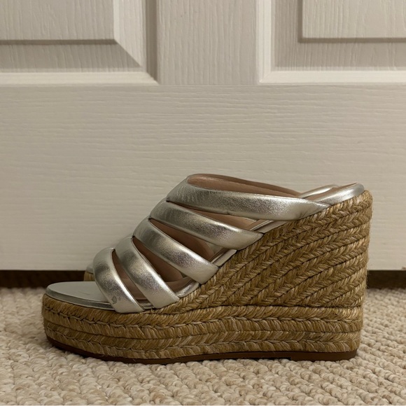 Stuart Weitzman Lilyana Espadrille Wedge Sandal Silver Metallic Heel - Picture 13 of 16
